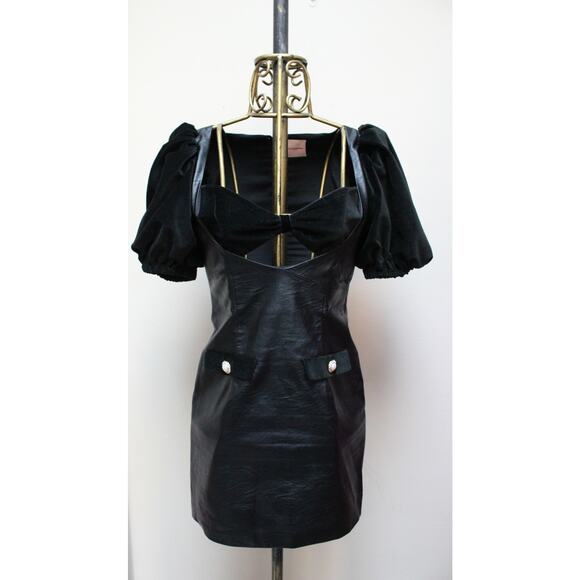 La Semaine Paris Black Elisa Faux Leather Velvet Puff Sleeve Dress Size 36/US 4 - Picture 2 of 8